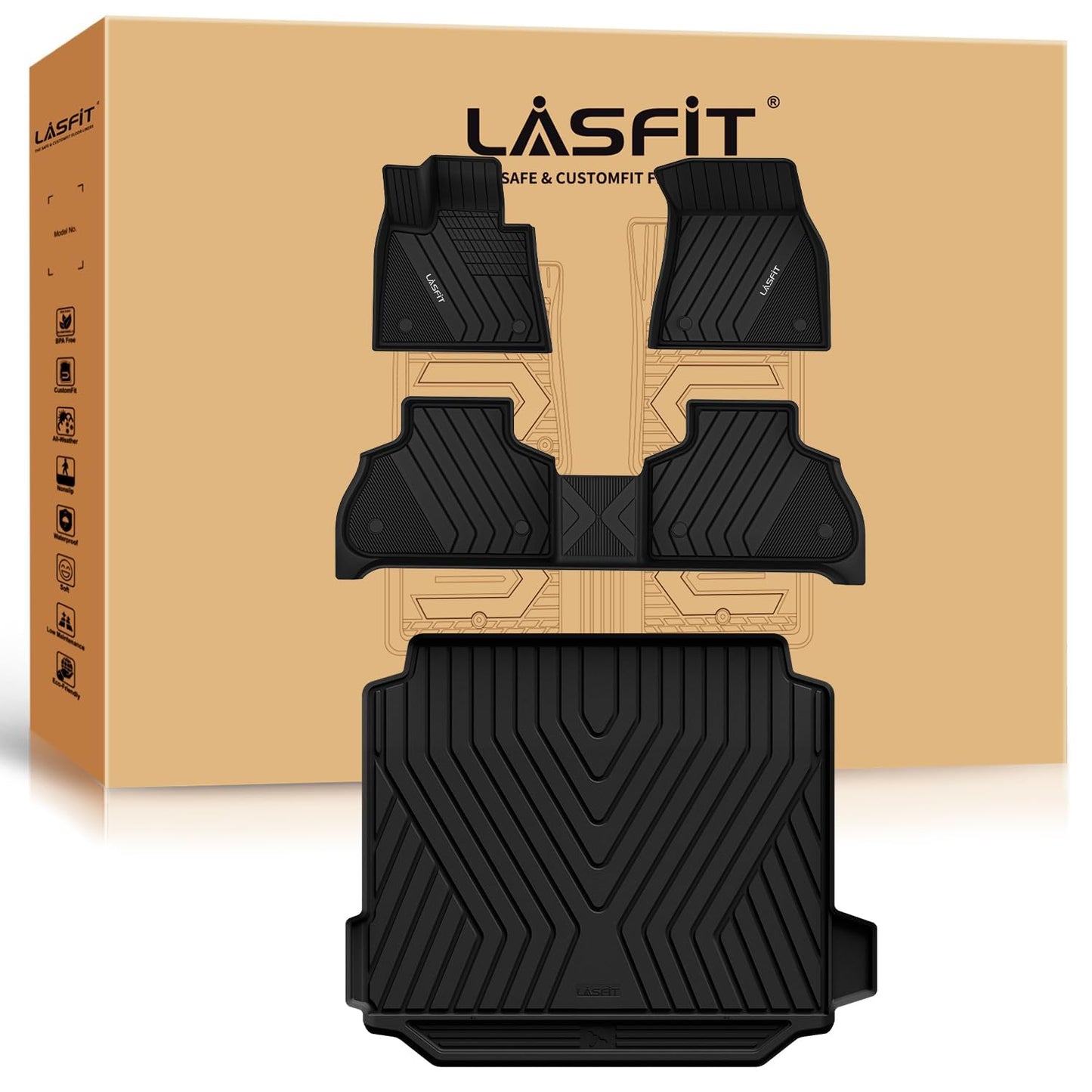 LASFIT Floor Mats&Trunk Mat Fit for BMW X5 2019-2024 2025 2026 40i/45e/50e/50i/M/M50i/M60i, All Weather TPE Custom Fit 1st&2nd Row Full Set Car Mats & Cargo Liner(Only for 5 Passengers), Black