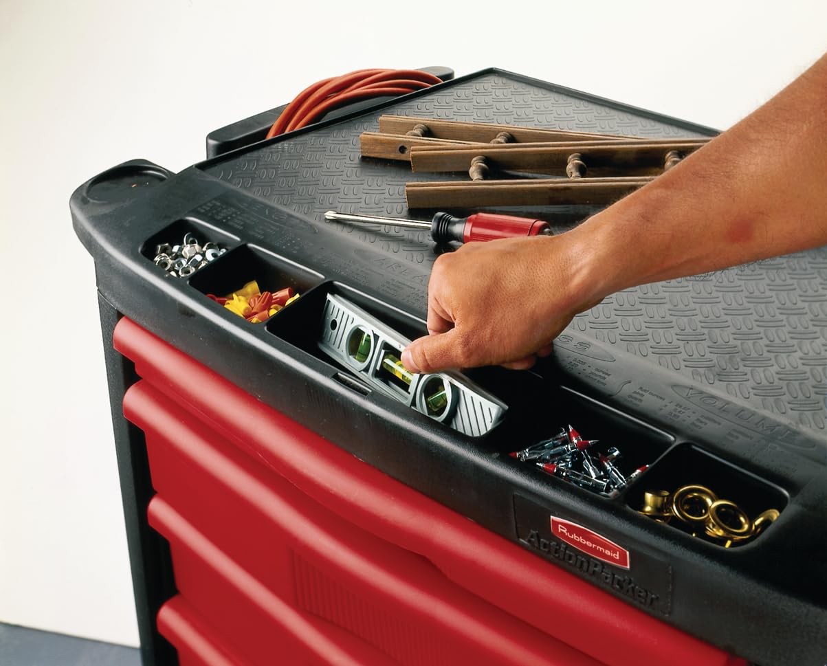 Rubbermaid Commercial Products Mobile Tool Work Center, 5 Drawers, 250 lb. Capacity, Black, for Warehouse/Garage/Cleaning/Maintenance