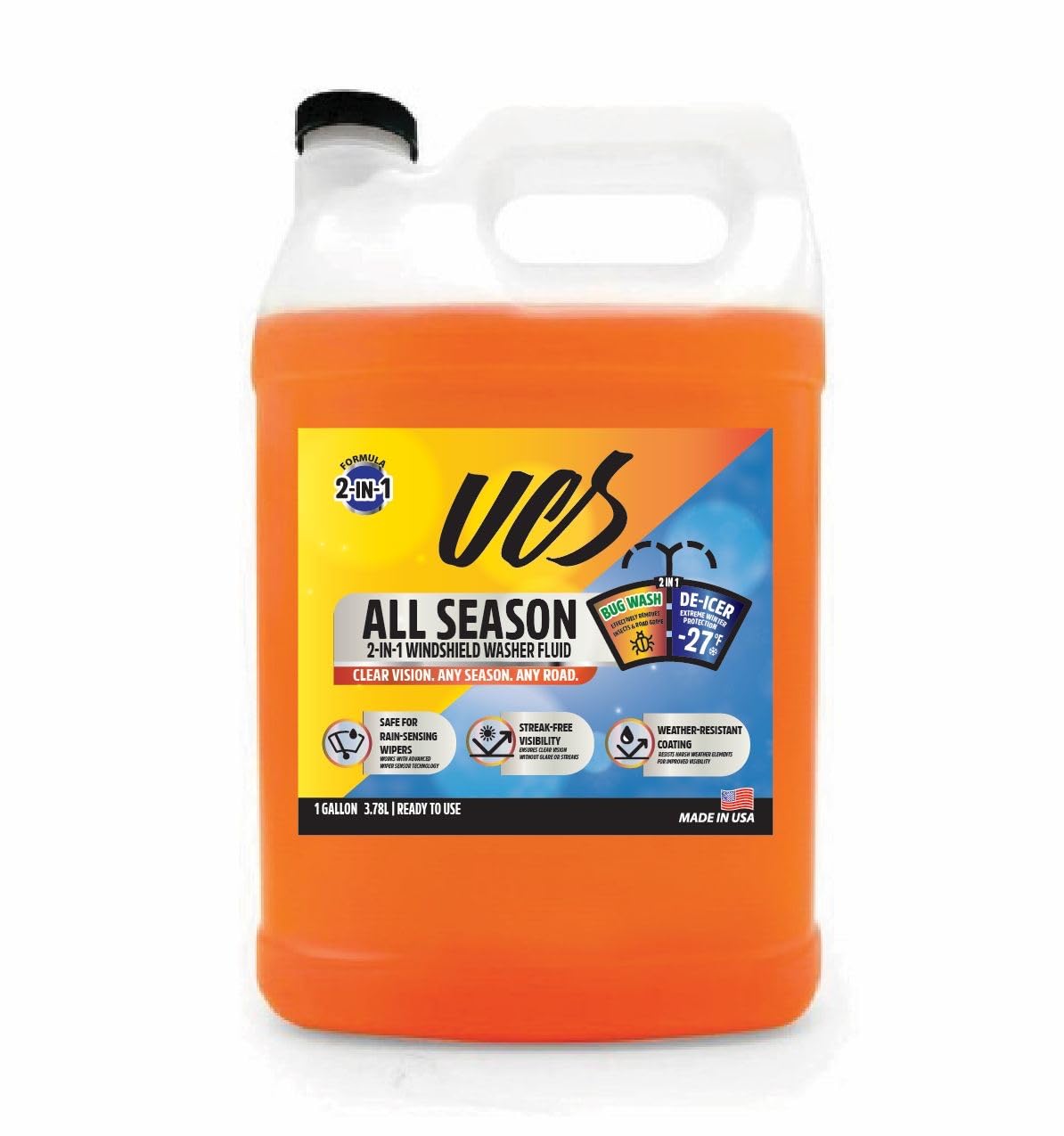UCS Advanced All-Season Windshield Washer Fluid | Winter Protection to -27°F | 2-in-1 Bug Wash & Water Beading Technology | Streak-Free Visibility | Safe for Rain-Sensing Windshields | 1 Gallon