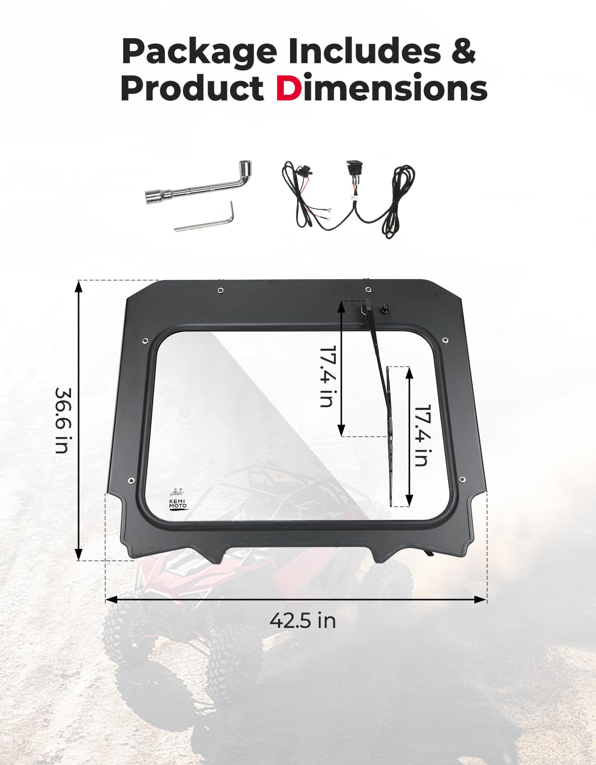KEMIMOTO PRO XP Electric Wiper Windshield Travel on Rainy Day Compatible with Polaris RZR PRO XP/RZR Turbo R 2020-2024, Scratch Resistant Heavy Duty Front Full Glass Window Automatic Mode