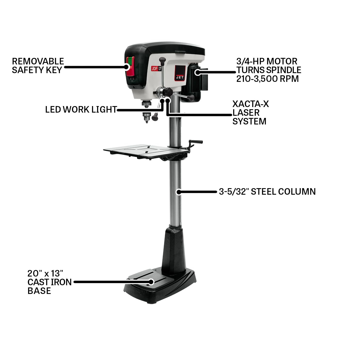 JET 17-Inch Floor Drill Press, 16 Speed, 3/4 HP, 115V 1Ph (Model JDP-17)