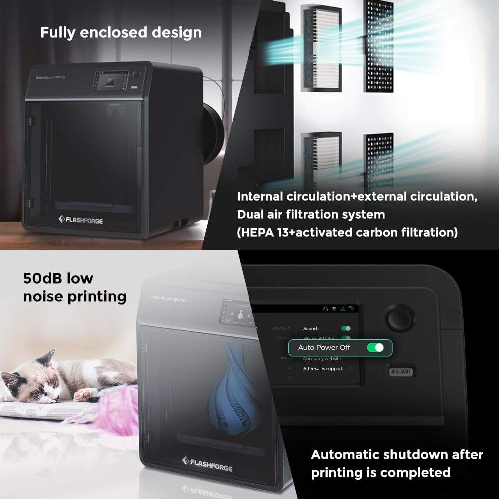 FLASHFORGE Adventurer 5M Pro 3D Pinter, 600mm/s High-Speed with 1 Click Fully Auto Printing Systerm, Quick Detachable 280°C Direct Extruder, Auxiliary Chamber Cooling, Remote Control, 220x220x220mm