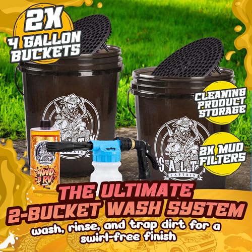 Salty Captain Mega 20-Piece DIY 4WD Cleaning Kit – All-in-One Car Detailing Kit with 2x Buckets, Towels, Brushes & 6x Cleaning Fluids – Foam Blaster compatible with Garden Hose – Premium Quality