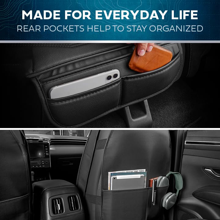 MotorBox Prestige Faux Leather Seat Covers Full Set – Semi-Universal Fit for Cars, Trucks & SUVs – Napa Style 2 Front Seat Covers + Rear Bench – Durable Interior Protector, Easy Install