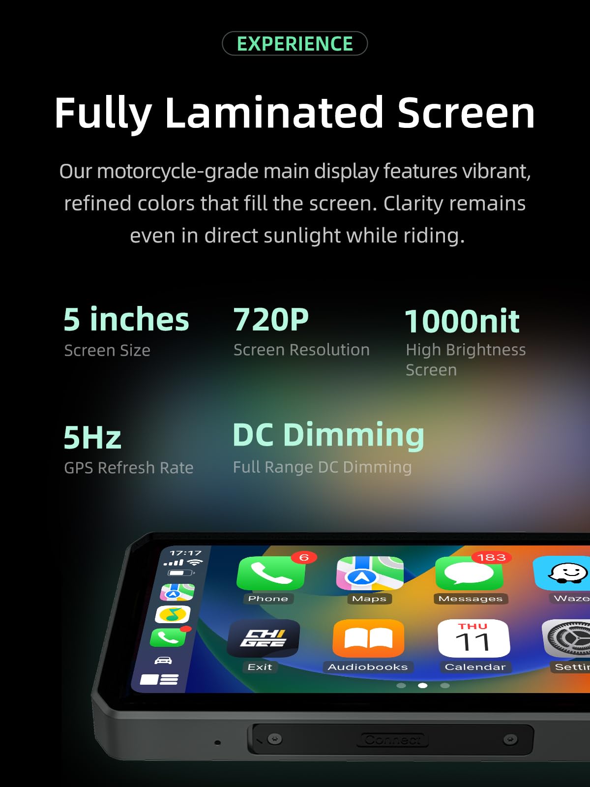 CHIGEE AIO-5Play Motorcycle Carplay Android Auto GPS Navigation System, 5" IPS LCD 60FPS, 5G Wi-Fi BT, IP68 Waterproof, Support Siri Google Assistant, Dedicated App