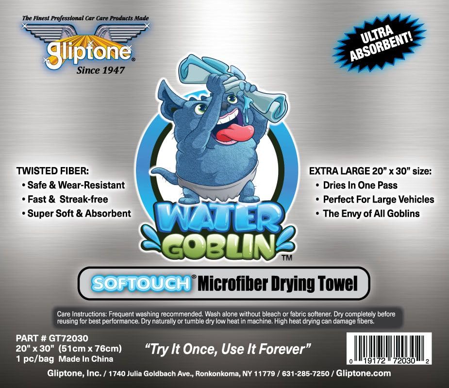 Gliptone Water Goblin 20" x 30" Extra Large Microfiber Drying Towel, Ultra Soft Softouch®, Streak-Free & Super Absorbent, Dries in One Pass, Safe for All Vehicles, Fast & Lint-Free, 6 Count
