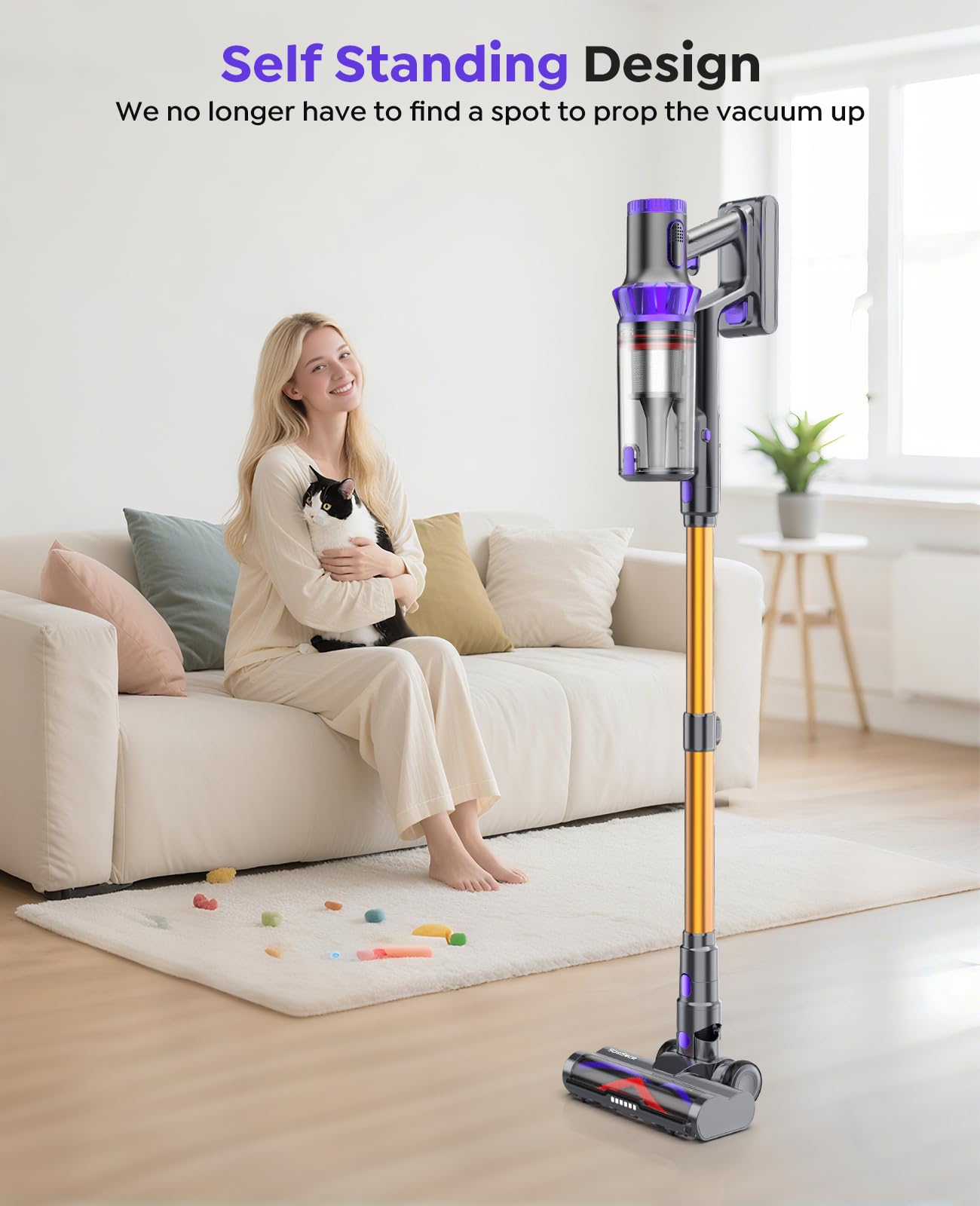 Cordless Vacuum Cleaner, 580W 48KPA 65Mins Runtime Self-Standing Vacuum Cleaners for Home, Stick Vacuum with Charging Dock Station Removable Battery, Handheld Vacuum for Carpet,Pet Hair,Hardwood Floor