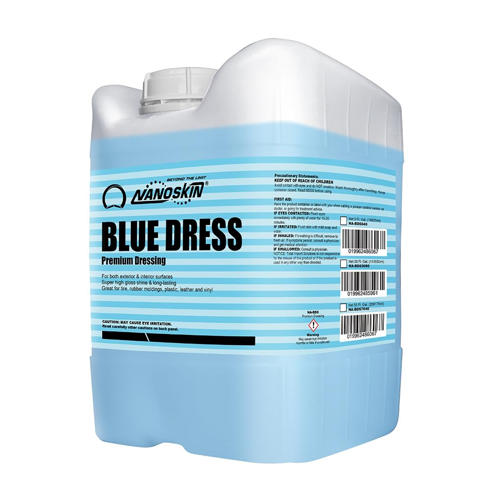 Nanoskin BLUE DRESS Premium Dressing 5 Gallons- Sprayable Interior & Exterior| Works on Tire, Vinyl, Rubber, Plastic & Trim | Safe for Cars, Trucks, Motorcycles, RVs, Light Blue, 640 Fl Oz (Pack of 1)