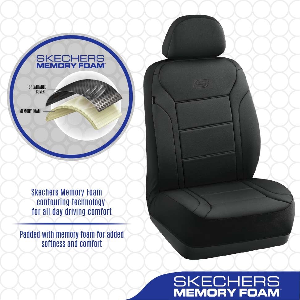 Skechers Memory Foam Car Seat Covers, Lycra Fabric Seat Cover, Car Seat Covers Front Seats Airbag Compatible, Automotive Comfort Protection for Most Cars, Trucks, SUVs, Black