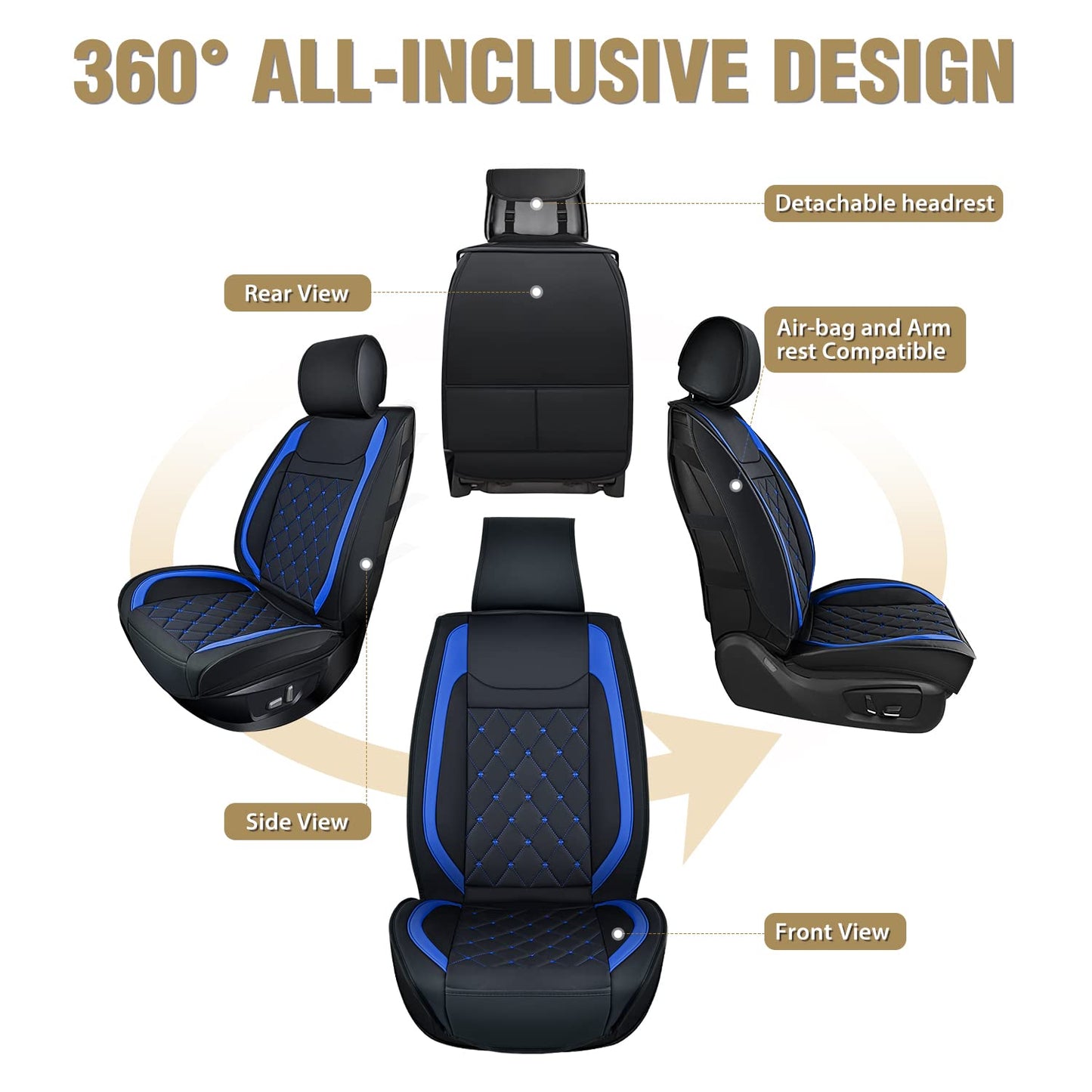 Nilight 5 Car Seat Covers Waterproof Faux Leather Cushions Anti-Slip Universal Fit for 5 Passenger Cars Kia Civic Corolla Hyundai Honda Camry CR-V RAV4 Fusion SUV Truck (Full Set, Black-Blue)