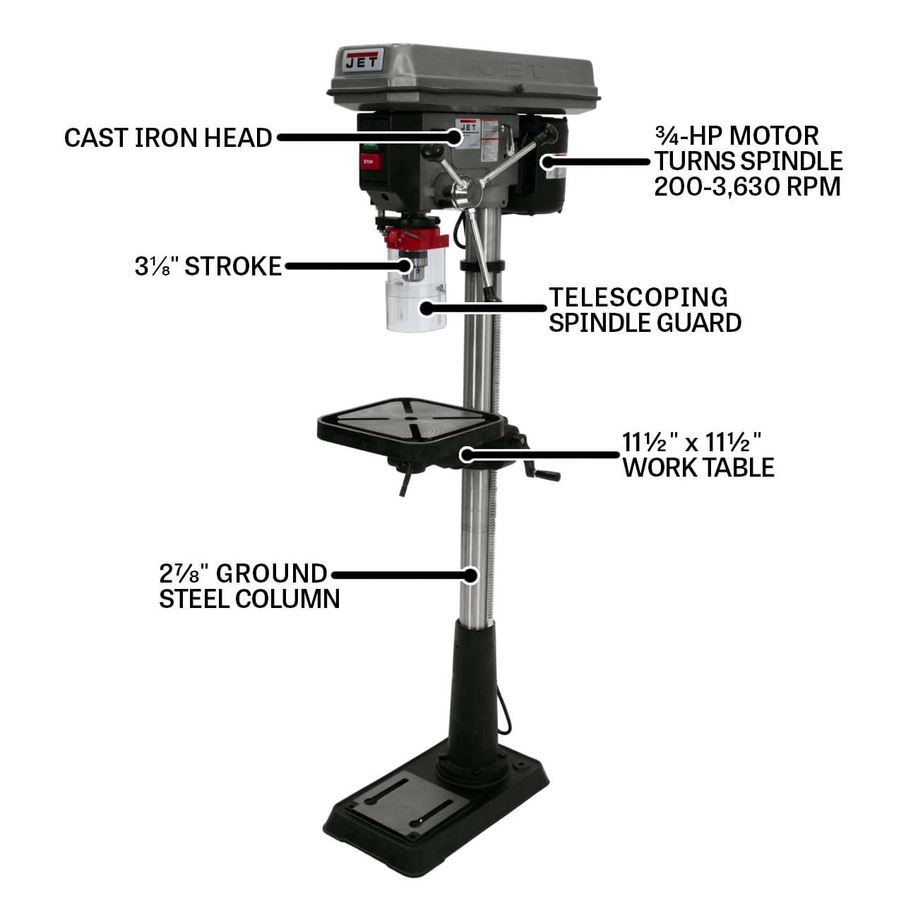 JET 15-Inch Floor Drill Press, 16 Speed, 3/4 HP, 115/230V 1Ph (Model J-2500)
