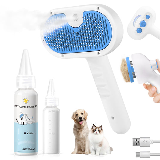 Pet Steam Brush for Dog & Cat - 3-in-1 Steam Grooming Brush for Shedding & Hair Removal - Self Cleaning Spray Comb with Mist for Long Haired Pets - Includes 1*Waterless Shampoo, Blue