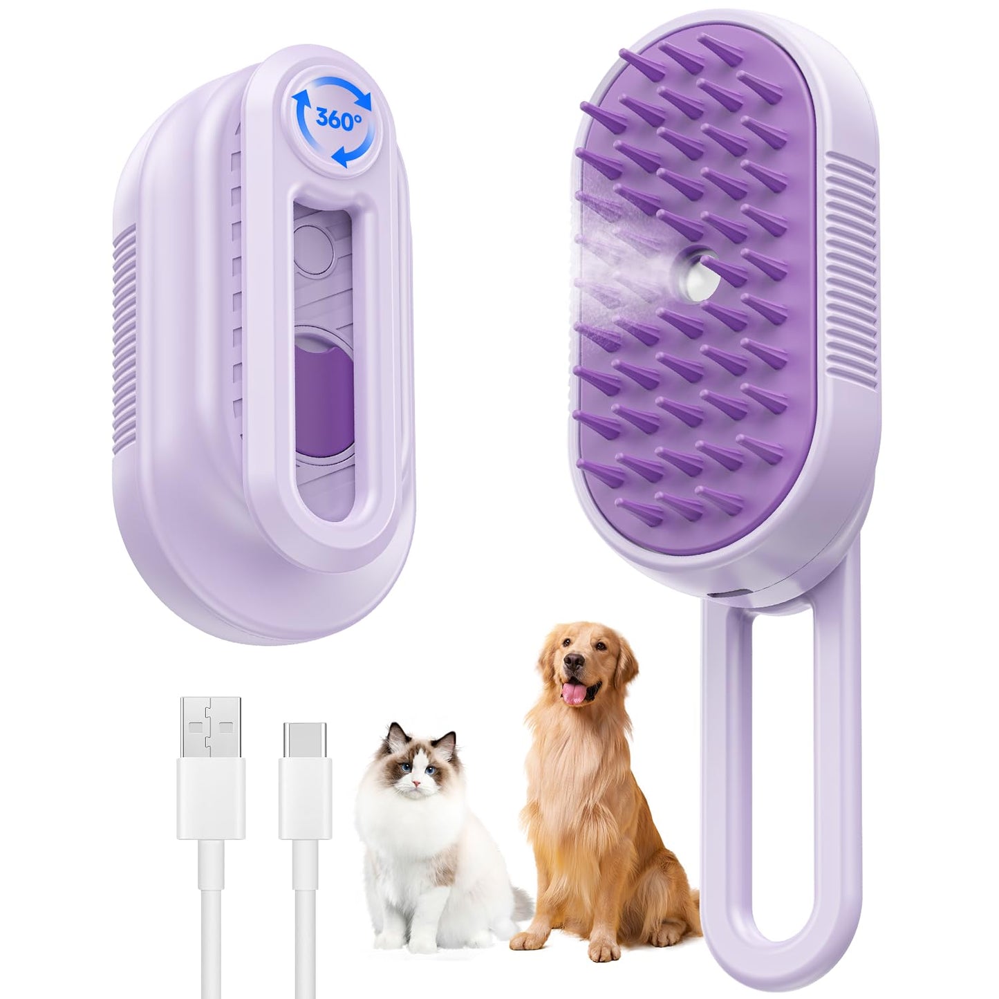 Cat Steam Brush for Shedding, 4 in 1 Rechargeable Steam Brush for Cats and Dogs, Anti-Static, Massage, Cleaning, Shedding & Combing All In One! (purple)