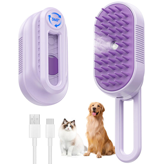 Cat Steam Brush for Shedding, 4 in 1 Rechargeable Steam Brush for Cats and Dogs, Anti-Static, Massage, Cleaning, Shedding & Combing All In One! (purple)