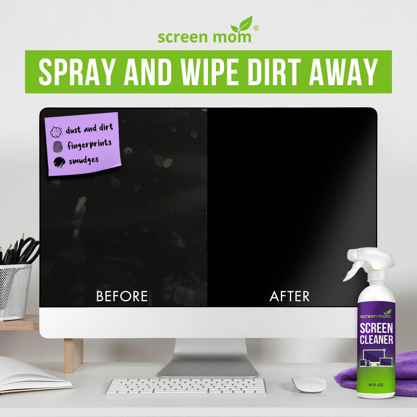 Screen Mom Screen Cleaner Spray and Microfiber Cloth 16oz Screen Cleaner Spray and Wipe for TV, Laptop, Computer, Phone, iPad, Car Screen Cleaning Kit Electronic Cleaner Spray