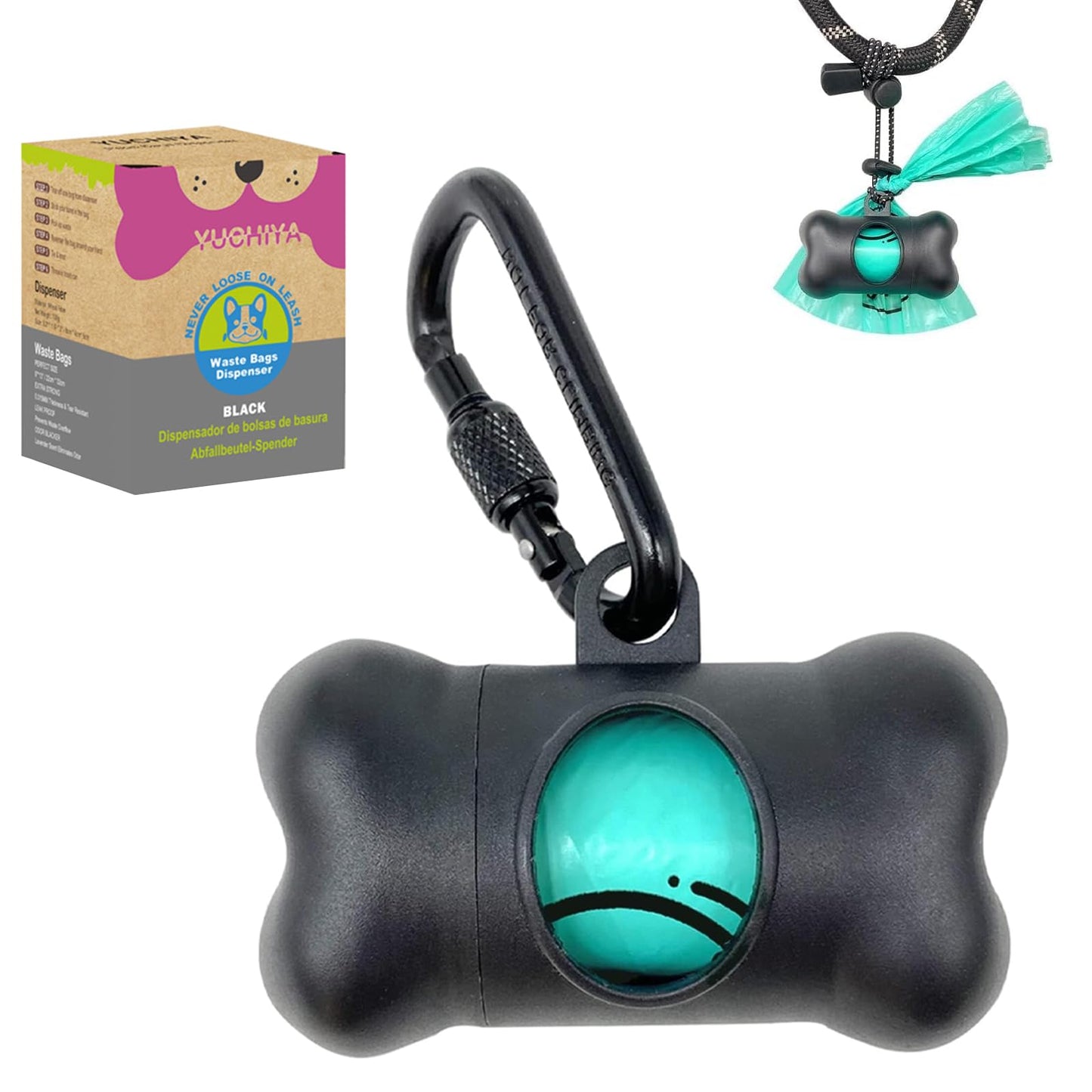 Dog Poop Pickup Bags Holder Dispenser with Standard-Sized Leak-Proof Scented Doggy Waste Bags and Carabiner with Safety Lock&Fastener Never Loose on Leash Lead Again (1 Holder 15 Bags, Black)