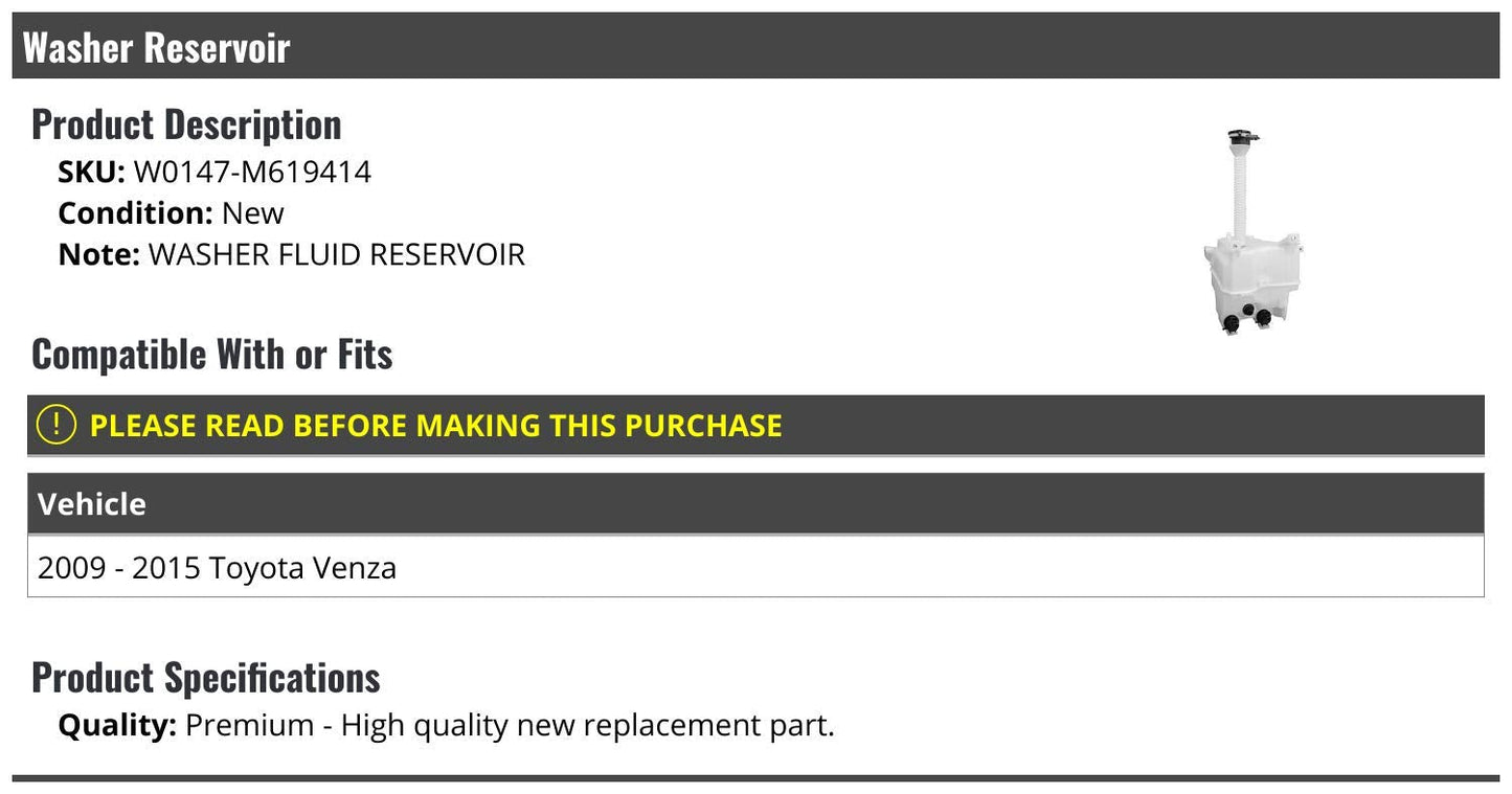 Marketplace Auto Parts Windshield Washer Fluid Reservoir Tank - Compatible with 2009-2015 Toyota Venza