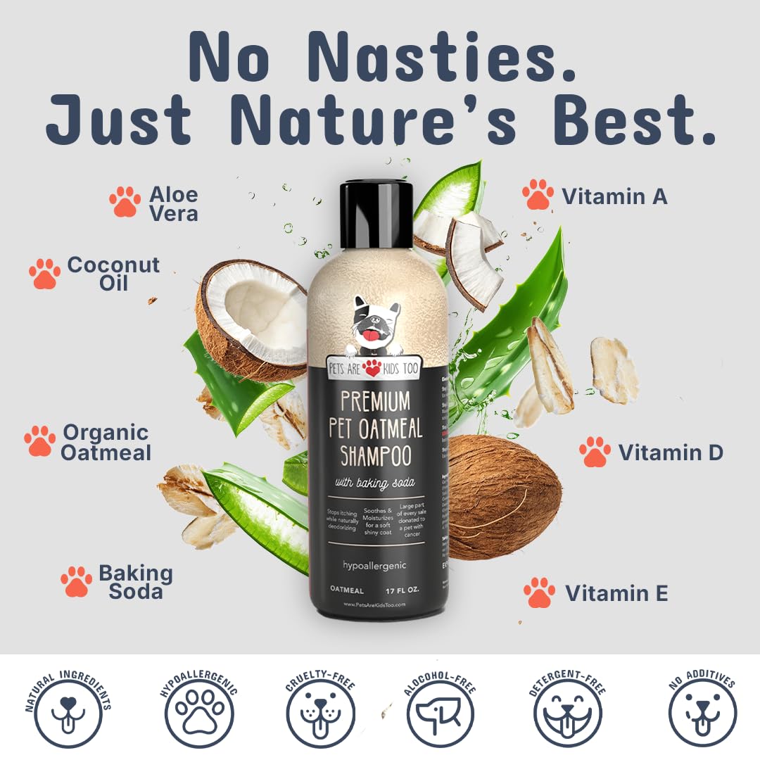 Pets Are Kids Too Oatmeal Dog Shampoo Baking Soda Hypoallergenic Anti Itch Moisturizing Soothing Deodorizing Pet Care Safe Puppy Shampoo Sensitive Skin Cat Shampoo - Coconut Based Cleanser 17 fl oz