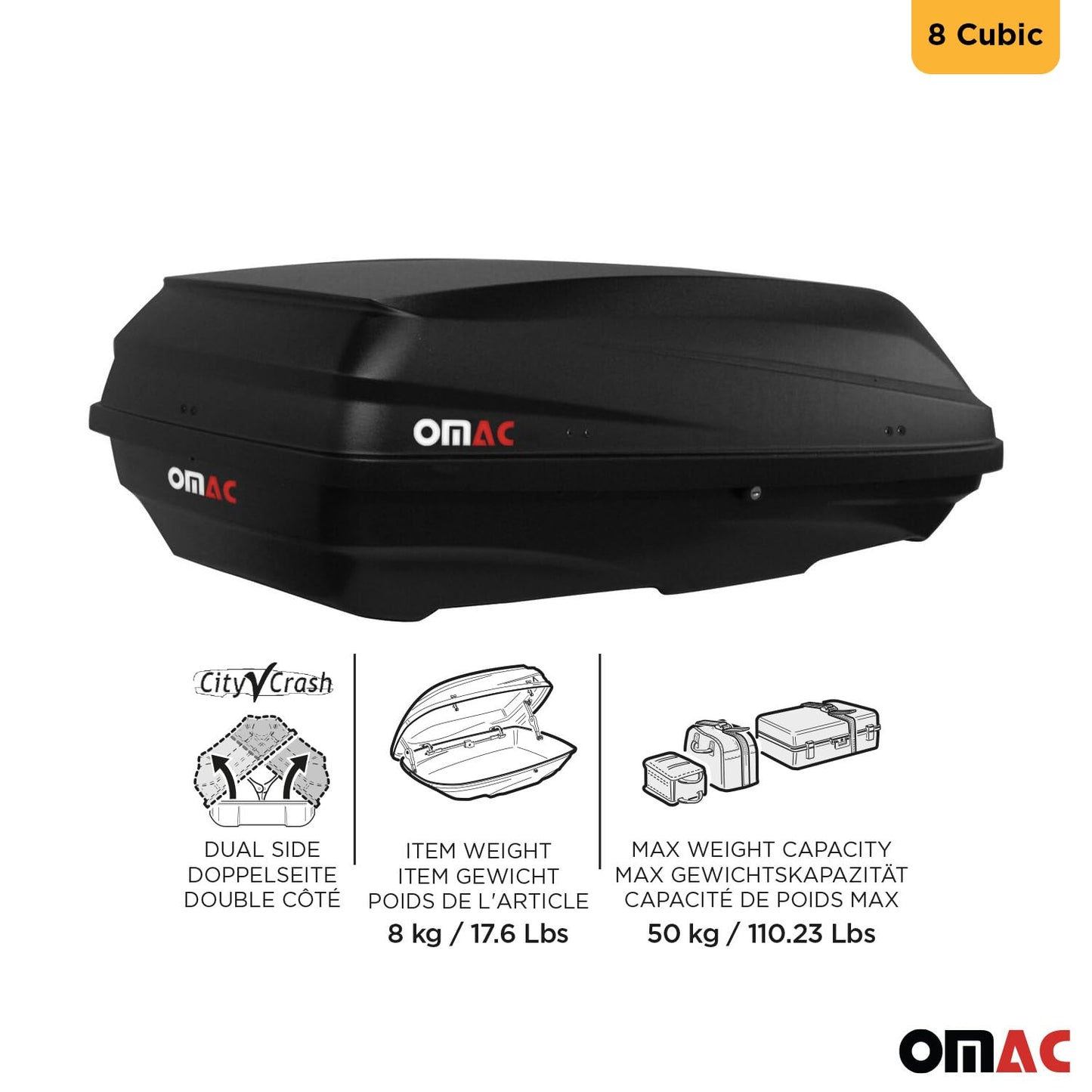 OMAC Rooftop Cargo Carrier Hard Shell, 8 Cubic Feet Cargo Box for Roof Rack, Dual-Side Opening, Waterproof Roof Box, Car Roof Carrier Hard Shell, Matt Black with Security Keys