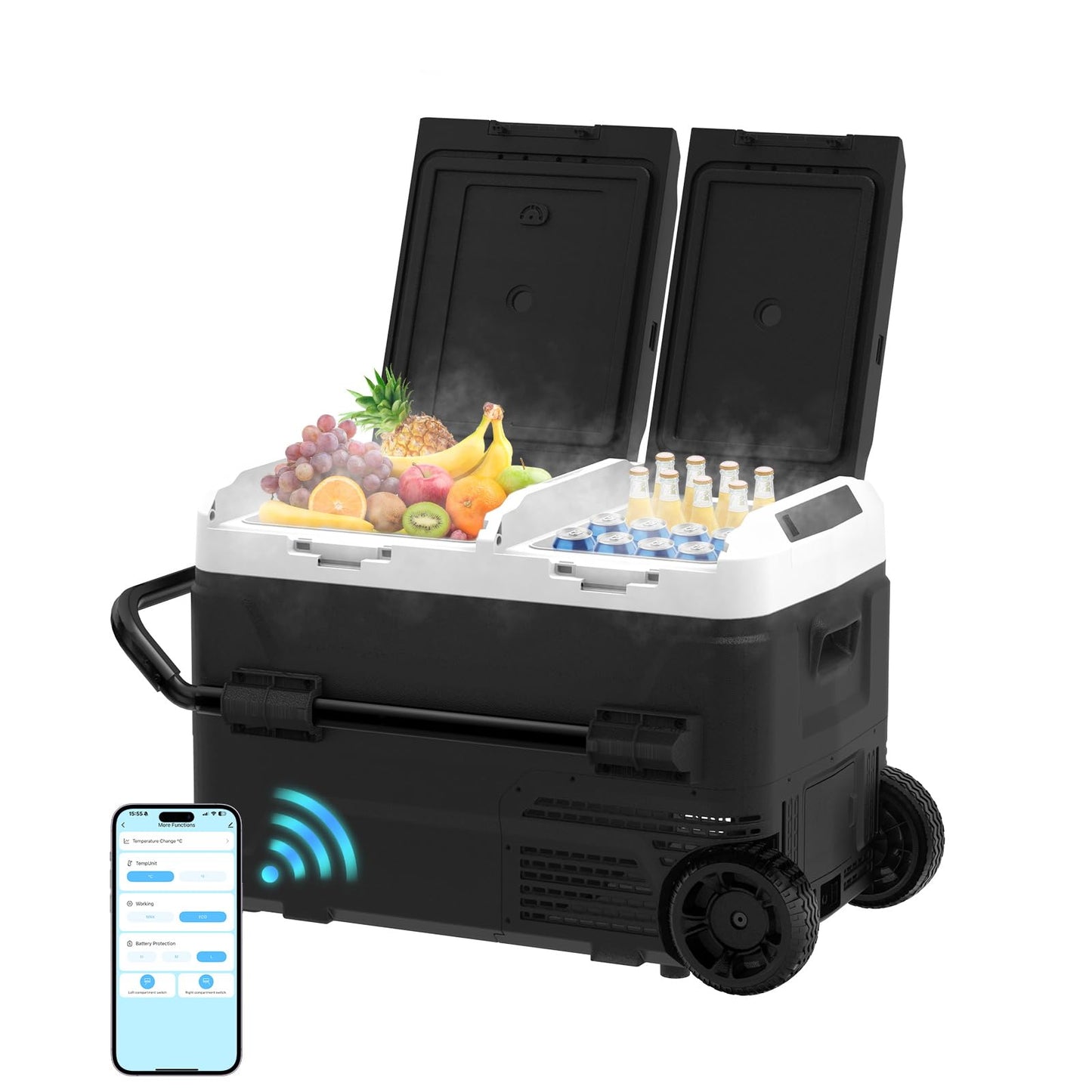 AS 12 Volt Refrigerator, 42QT(40L) Dual Temperature Zone Electric Cooler with Wheels, Portable Freezer 12V/24V DC 110-240V AC, -4℉-68℉ Car Fridge for Car, Marine, Home, Outdoor, etc