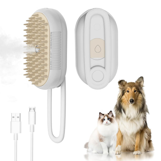 4 in 1 Cat Steam Brush for Shedding，Rechargeable Steam Pet Brush With Rotating Handle for Massaging, Self-Cleaning, and Pet Hair Removal for Long and Short Hair of Cat and Dog （Beige）