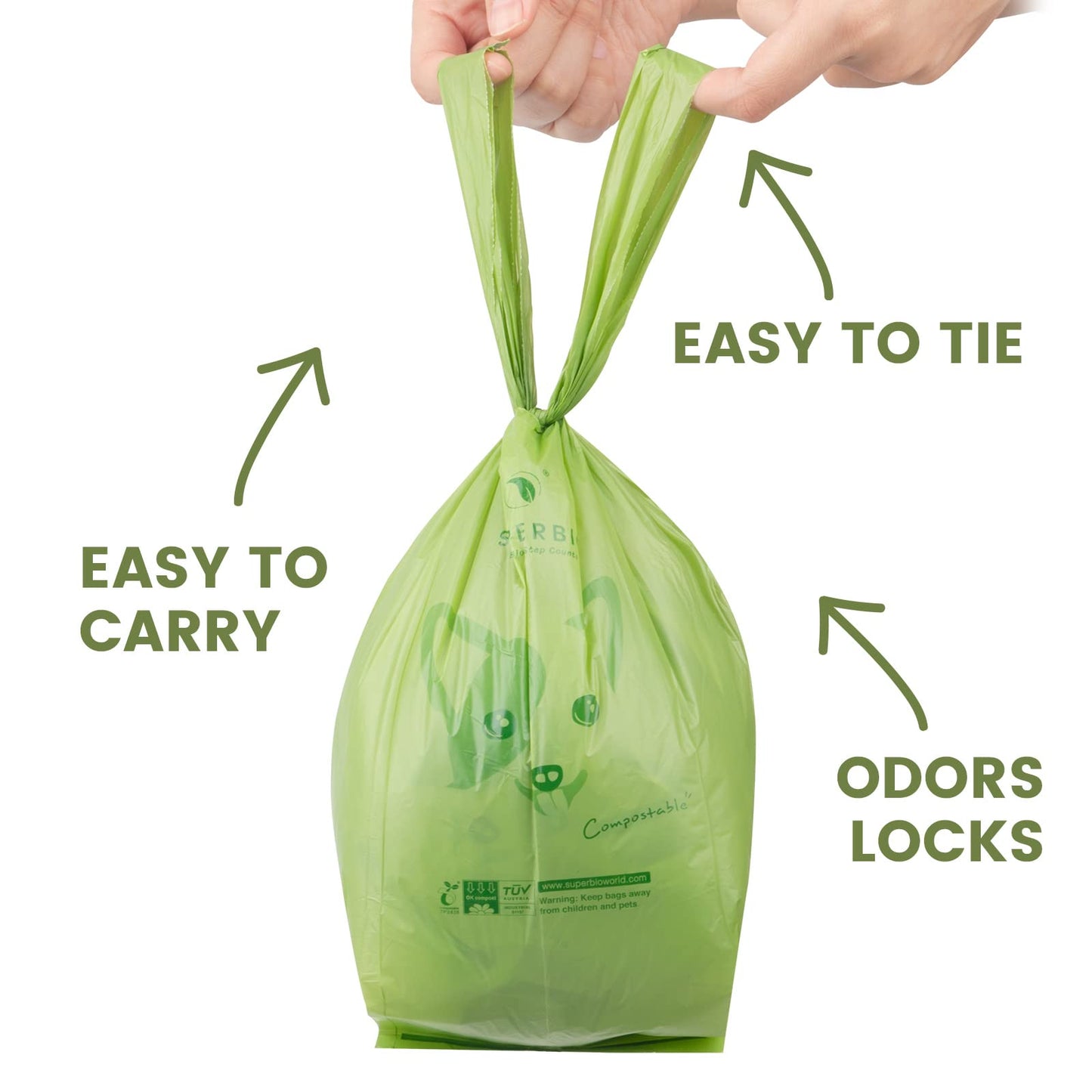 SUPERBIO Handle Tie Dog Poop Bags,12 Rolls,180 Bags,Extra Thick and Strong, OK compost INDUSTRIAL.