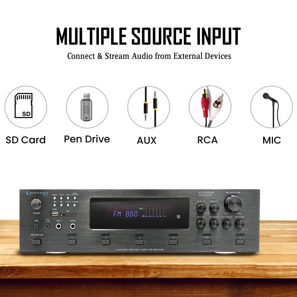 Vaiyer Home Audio System Kit, 6-Channel 6000 Watts Bluetooth Amplifier with 6.5" 8 QTY of 200 W Each Frameless in-Wall in-Ceiling Speakers & 16 AWG 500 ft. Speaker Wire - Perfect for Home, Office, Bar