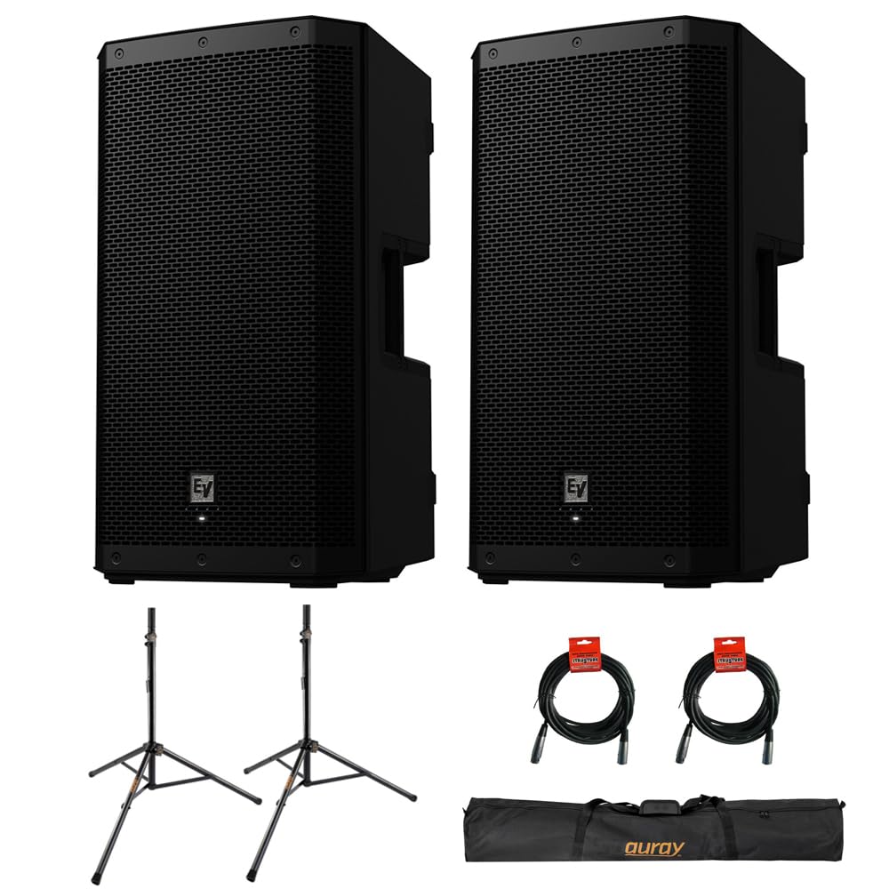 Electro-Voice ZLX-12P-G2 12" 2-Way 1000W Bluetooth-Enabled Powered Loudspeaker (Pair) Bundle with Auray SS-47S-PB Steel Speaker Stands with Carrying Case and 2X XLR Cable