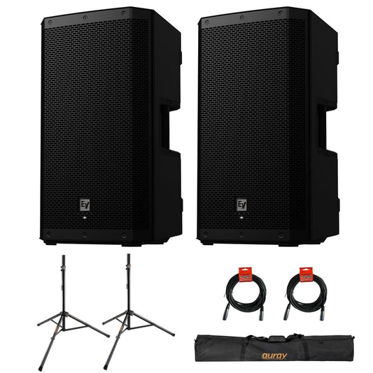 Electro-Voice ZLX-12P-G2 12" 2-Way 1000W Bluetooth-Enabled Powered Loudspeaker (Pair) Bundle with Auray SS-47S-PB Steel Speaker Stands with Carrying Case and 2X XLR Cable