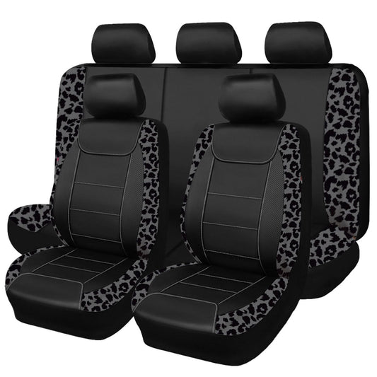 Flying Banner Carbon Fiber Leather Vehicle Seat Covers, Leopard Gray Black, Universal Fit - 8PCS