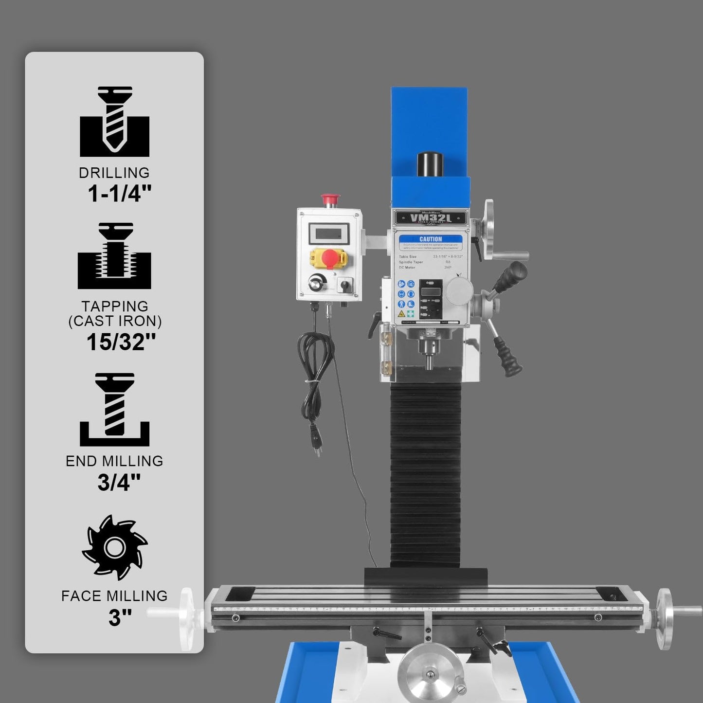 Mechmaxx 8-1/4"x33'' Industrial Benchtop Mill Drill Machine Brushless Motor, Variable Speed, R8 Spindle, 2 HP, 110V, Compact Milling Drilling Tool for Garage Shop, DIY Metalworking without Stand,VM32L