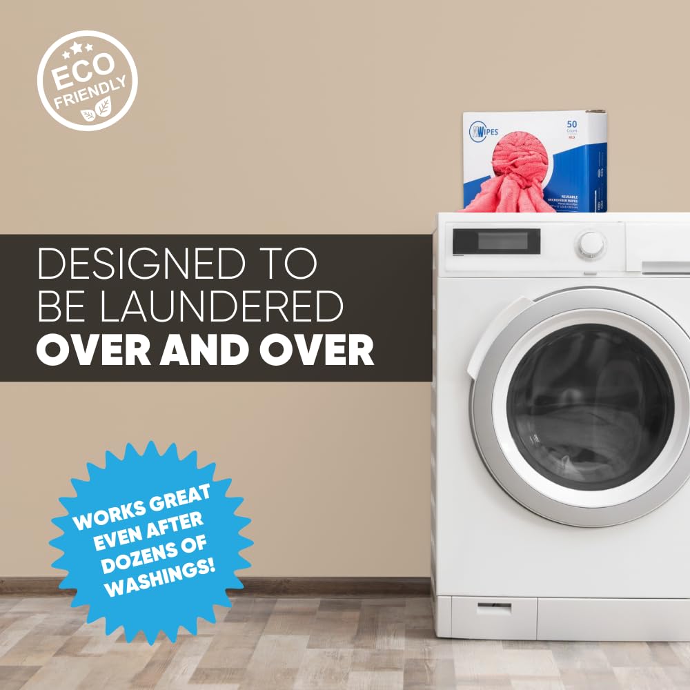 Microfiber Shop Towels | MWipes Reusable Red Shop Rags | 50 Rags in a Box (400 Count) | Super Absorbent, Machine Washable Hundreds of Times | Automotive, Paint, Industrial, Detailing