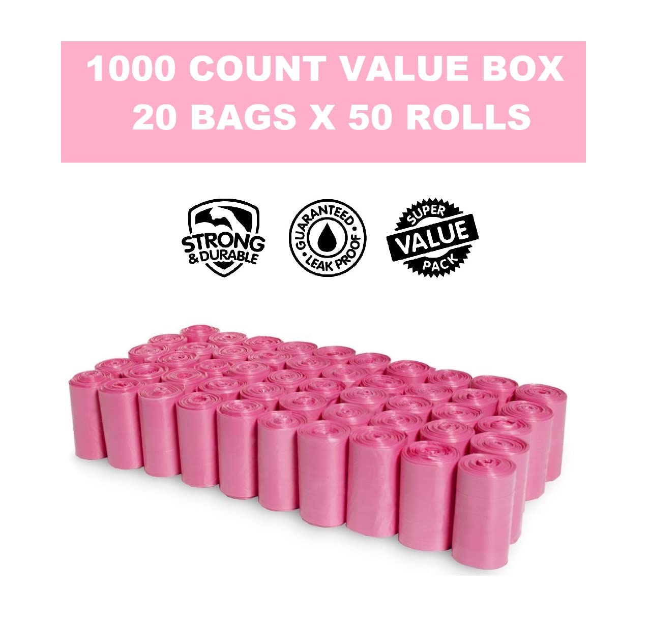 Pink Poop Bags - 1000 Count Dog Waste Bag, Cat Litter, EZ Pick Up Puppy Waste Disposal, 9"x12" Large