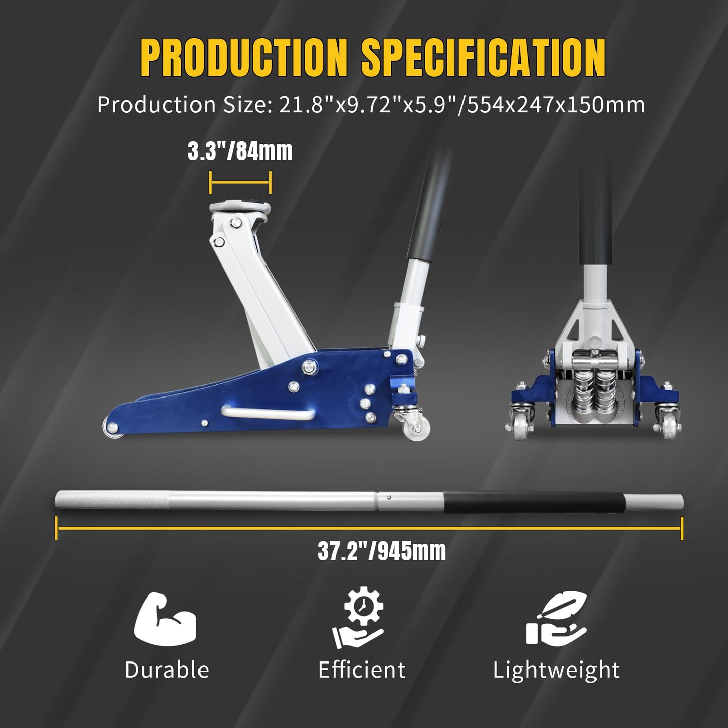 YELLOW JACKET Floor Jack 1.5 Ton Hydraulic Low Profile Aluminum and Steel Car Jack Lightweight Service Jack with Quick Lift Dual Pump, 3300 lbs Capacity