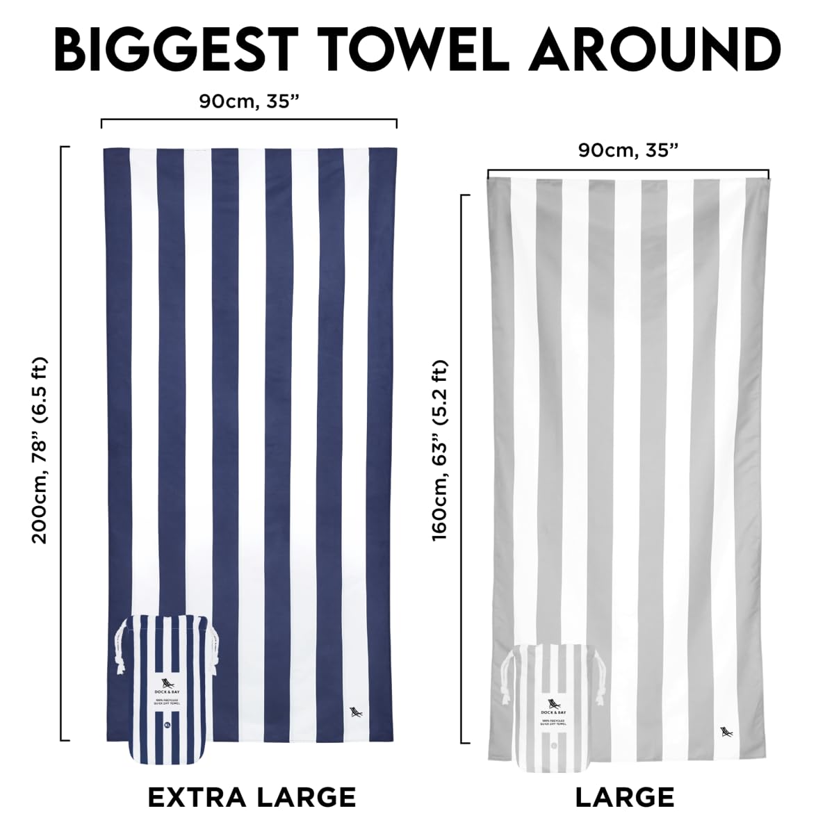 Dock & Bay Beach Towel - Quick Dry, Sand Free - Compact, Lightweight - 100% Recycled - Includes Bag - Cabana - Set of 6 - Extra Large (200x90cm, 78x35)