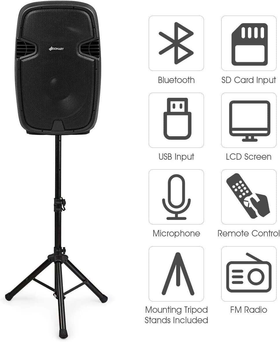 GOFLAME Portable 15" PA Speaker System Set, 3000W 2-Way Loudspeaker with Active + Passive Speaker, High Powered DJ Speaker with Bluetooth, USB/SD Card Reader, Stands, Microphone, Remote