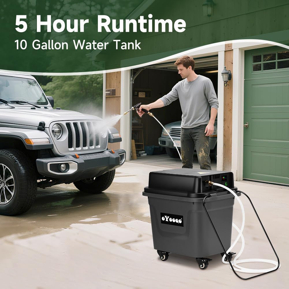 OYOOQO Cordless Portable Power Washer - 10 Gal Built-in Tank, 330 PSI Max, 5 Hrs Runtime, Wheel-Mounted & Hoseless, Perfect for Car Wash, Portable Shower, Garden/Patio, Camping & Outdoor Cleaning