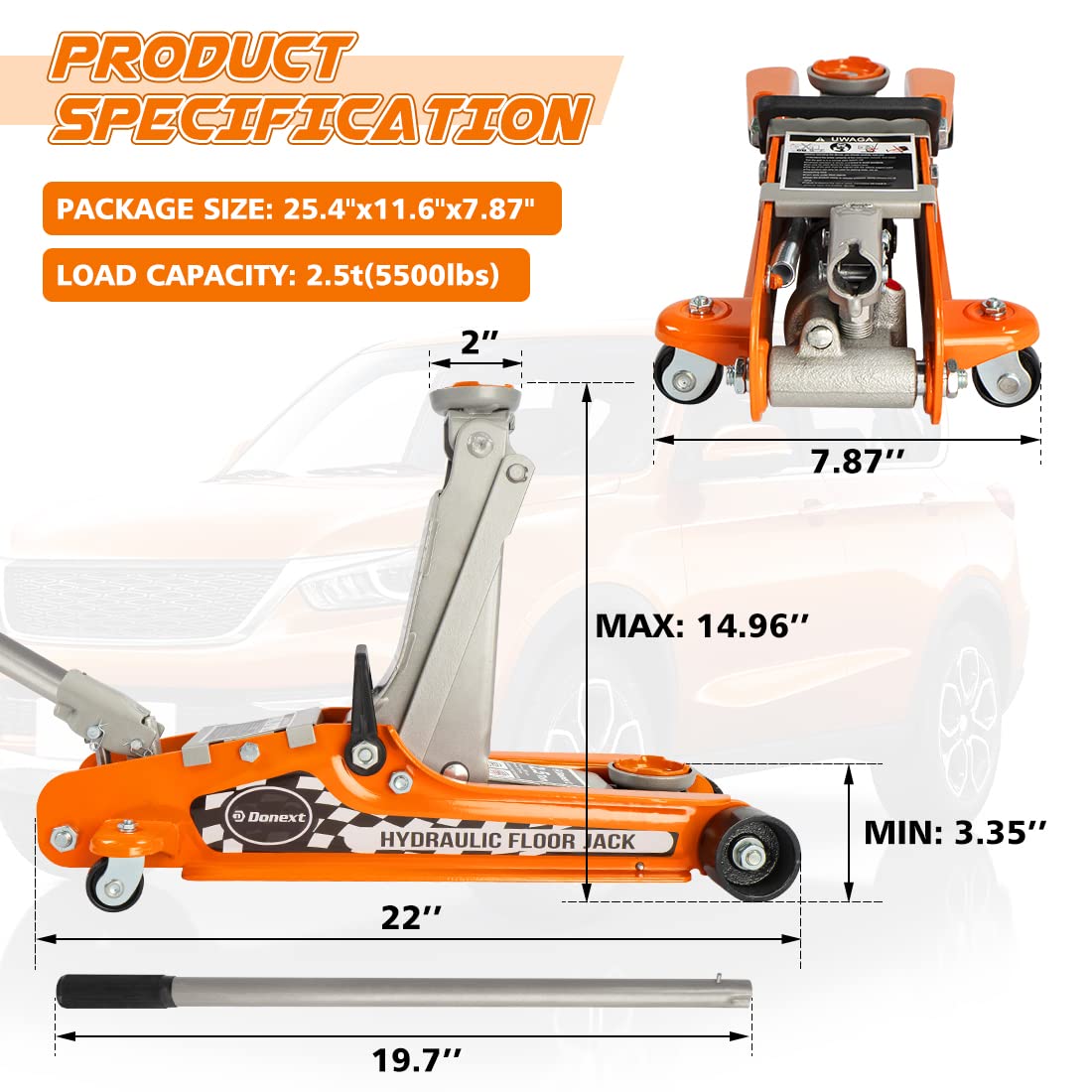 Donext 2.5 Ton Steel Floor Jack, Low Profile Hydraulic Racing Floor Jack with Single Piston Lift Pump, Lifting Range 3-3/8" - 14-15/16"