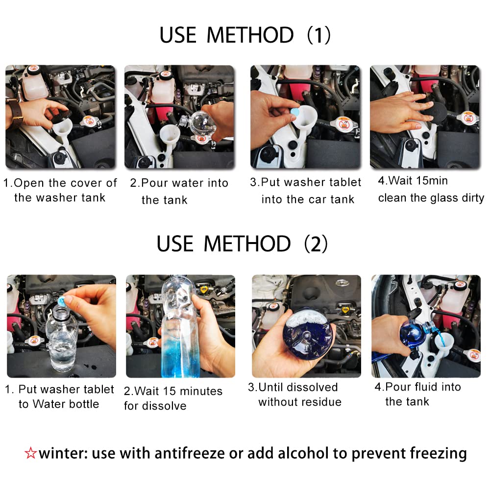 DOKIKO 50Pcs Car Windshield Washer Tablets,Windshield Wiper Fluid,1 Pack Makes 105 Gallons,Efficient Cleaning, Portable(Winter Use With De-icer or Methanol)