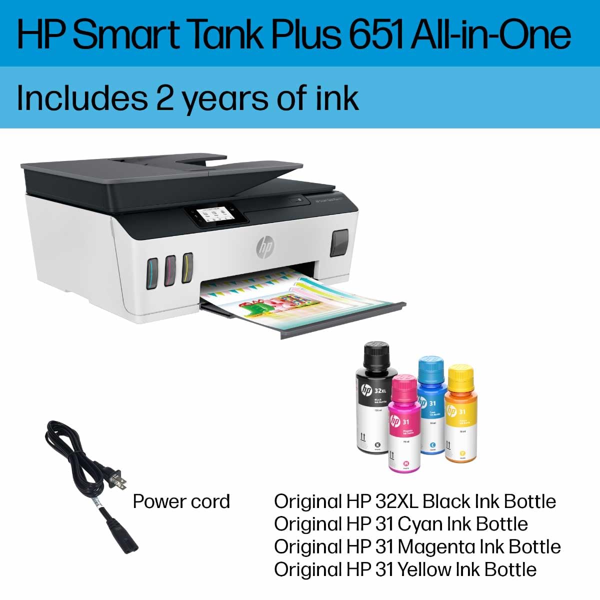 HP Smart -Tank Plus 651 Wireless All-in-One Ink -Tank Printer, up to 2 Years of Ink in Bottles, Auto Document Feeder, Mobile Print, Scan, Copy,, Fax, Works with Alexa (7XV38A)