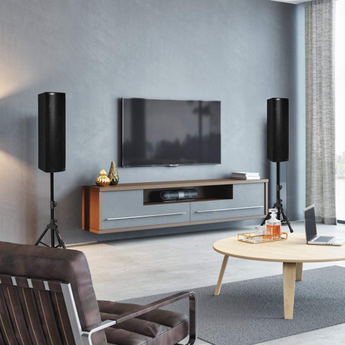 GOFLAME All-in-one Bluetooth Loud Speaker Set of 2, 2000W Active 3-Way 6.5'' PA System Speaker with Height Adjustable Stand, USB/SD Card Readers, FM Radio, Suitable for Indoor and Outdoor Use