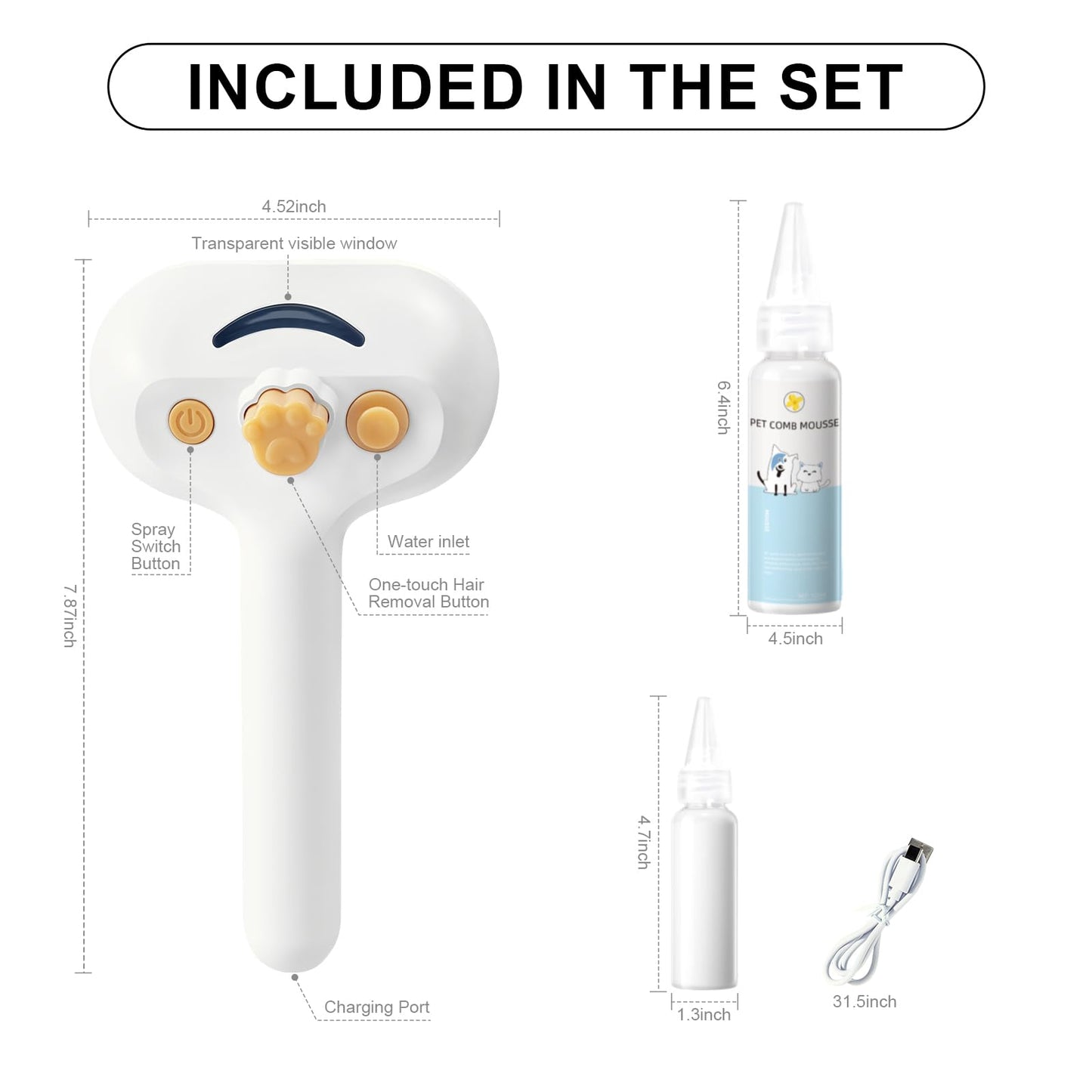 Pet Steam Brush for Dog & Cat – 3-in-1 Spray Hair Removal Comb – Steam for Shedding & Grooming – Water Brush for Long & Short Haired Pets – Spritz Defur Comb – Includes Waterless Shampoo