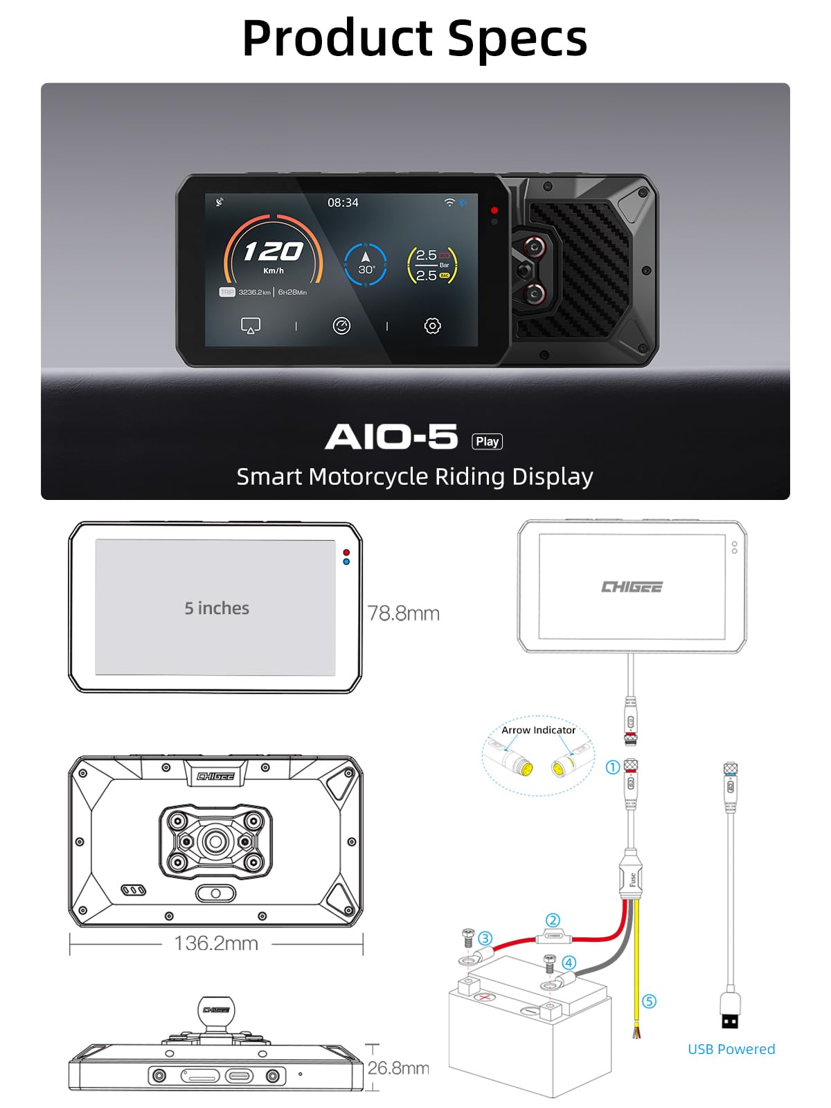 CHIGEE AIO-5Play Motorcycle Carplay Android Auto GPS Navigation System, 5" IPS LCD 60FPS, 5G Wi-Fi BT, IP68 Waterproof, Support Siri Google Assistant, Dedicated App