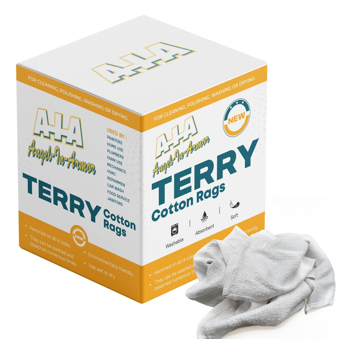 Angel-in-Armor White Terry Cloth Rags (16” x 19”) – 50lb Bulk Box of 100% Cotton Cleaning Rags – Reclaimed Towels for Plumbers, Shop Use, Janitorial, and Commercial Cleaning
