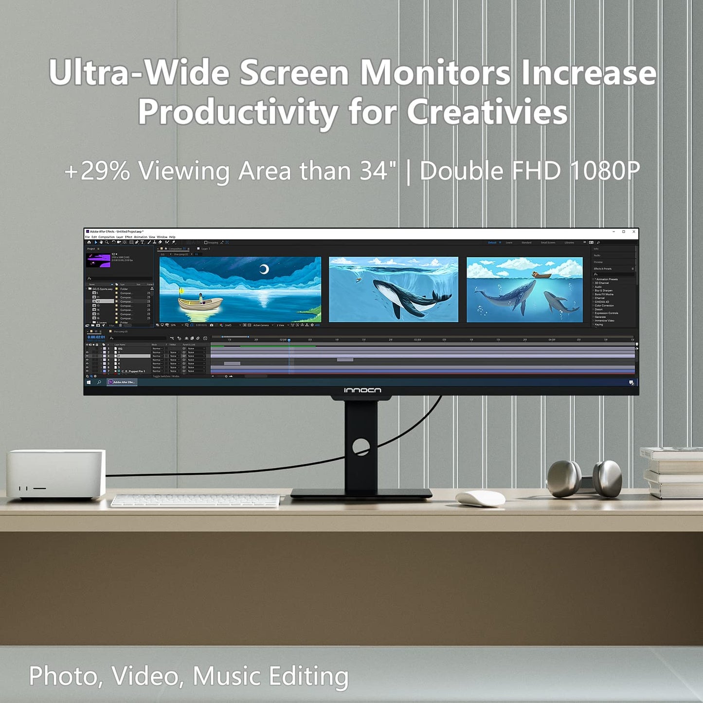 INNOCN Ultrawide Monitor 43.8" WFHD 3840 x 1080p 120Hz 32:9 IPS Computer Split Screen 96% DCI-P3 HDR400 FreeSync Premium USB Type-C HDMI Height Adjustable Mountable - 44C1G