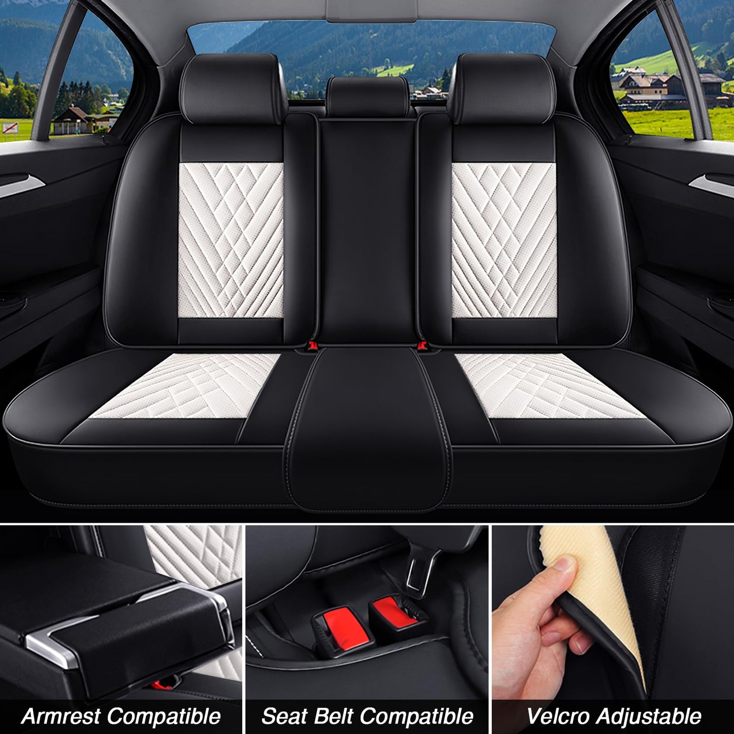 Leather Seat Covers Full Set with Pillow,5 Seats Universal Car Seat Protectors,Easy to Install Cover Set,Waterproof Car Seat Covers Car Seat Cushion Fit for Most Cars SUVs Trucks(5 Seats,Black-White)