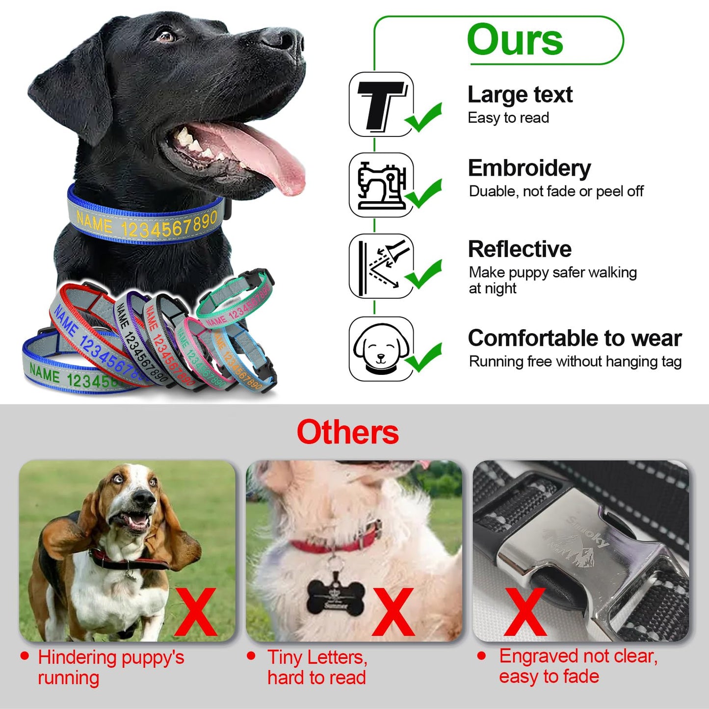 Reflective Personalized Dog Collar - Custom Nylon Embroidered Pet Name and Phone Number Collar for Male, Female Dogs - Adjustable Buckle Collars for Medium Dogs Boy, Girl Puppy