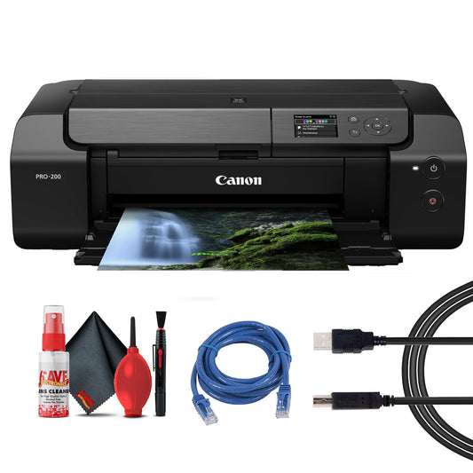 Canon PIXMA PRO-200 Wireless Inkjet Photo Printer | 13x19 Borderless Printing | 8-Color Dye Ink | Fast A3+ Output | Compact for Photographers & Artists (4280C002) + Printer Cable + Ethernet Cable