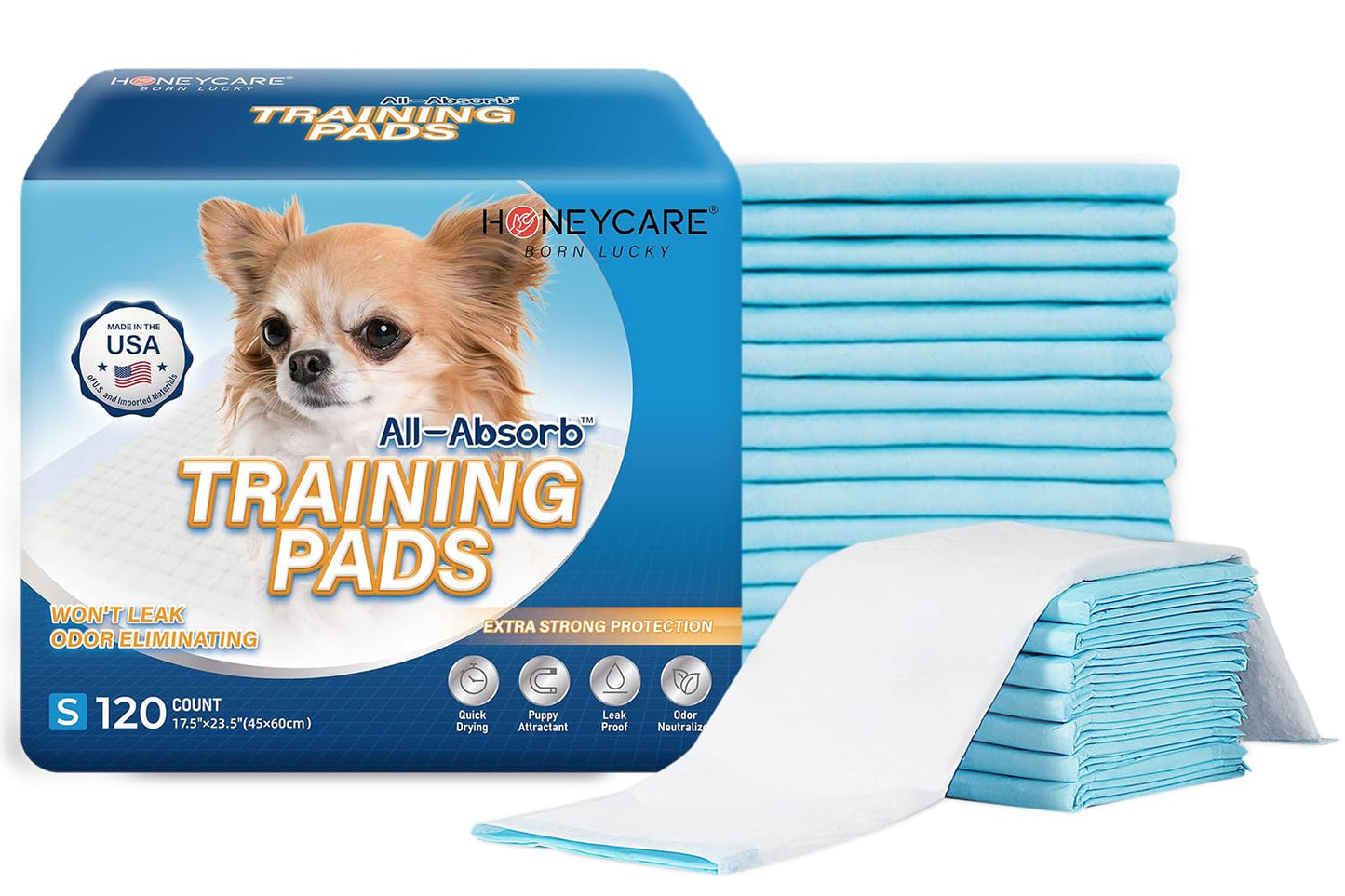 Honey Care All-Absorb, Small 17.5" x 23.5", 120 Count, Dog and Puppy Training Pads, Ultra Absorbent and Odor Eliminating, Leak-Proof 5-Layer Potty Training Pads with Quick-Dry Surface, Blue, A05