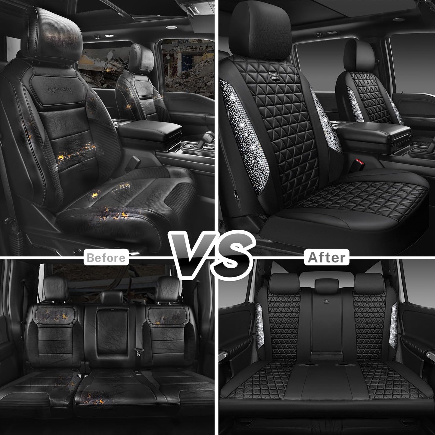CAR PASS Bling Diamond Leather Car Seat Covers Full Seats Interior Sets, Waterproof Shining Glitter Sparkly Crystal Universal Armrest Fit Automotive Truck SUV Cute Women Girl, Black Silver Rhinestone